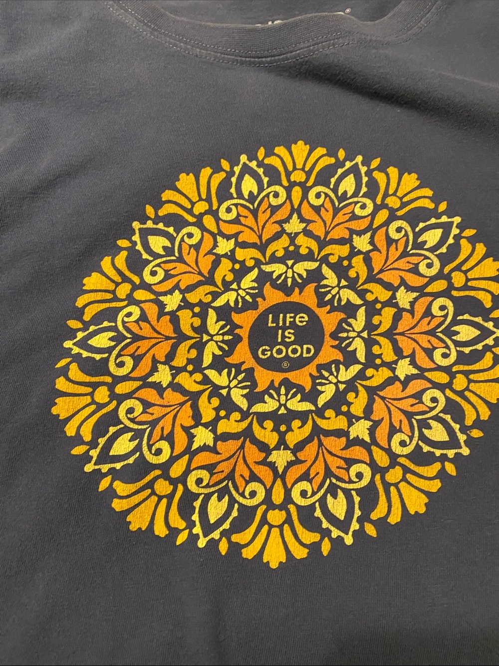 Life Is Good Navy Long-Sleeve Tee with Yellow & Orange Floral Medallion - Picture 3 of 5